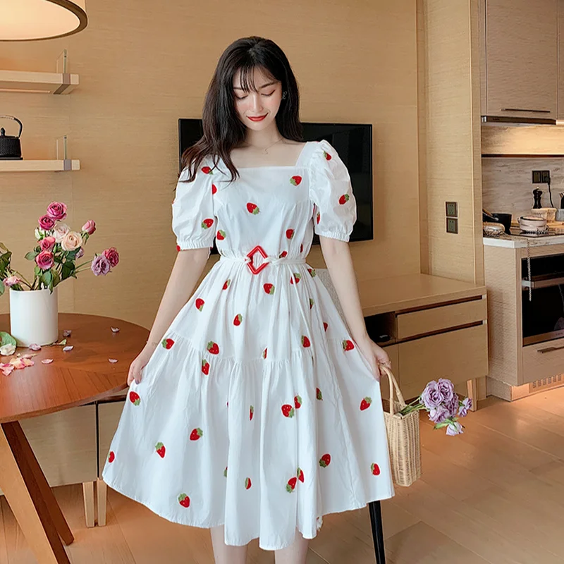 

Embroidery Strawberry Dress Summer Women Puff Sleeve Cottagecore High Waist Short Sleeve Dress Sweet Square Collar Fairy Dresses