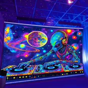 Alien DJ galaxie tapisserie fluorescente filant dans l'espace extérieur tapisserie UV tenture murale chambre décoration de fête à la maison 1