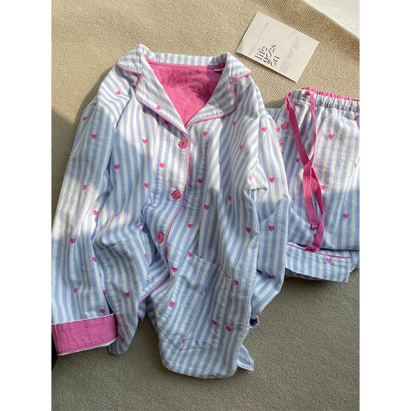 Plus Size 3XL 4XL Cotton Female Pijama Set Home Clothing Fashion Blue Striped Love Pyjama Femme 2Pcs Pjs Suit Loose Loungewear
