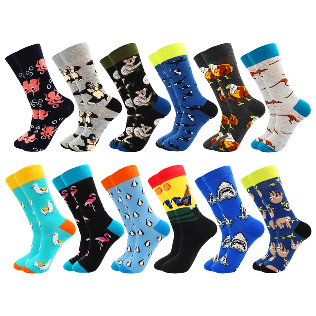 Fashion Casual Women and Mens Socks Art Van Gogh Stripe Harajuku Fruit Animal Sloth Beer Funny Socks Dress Cotton Socks Men 12 pairs -HWC3