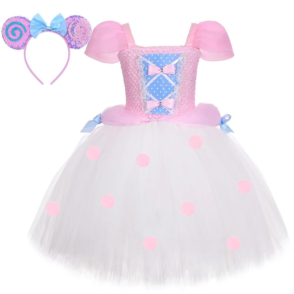 Pink Bo Peep Princess Costumes for Girls Polka Dots Sheep Lined - Main Image
