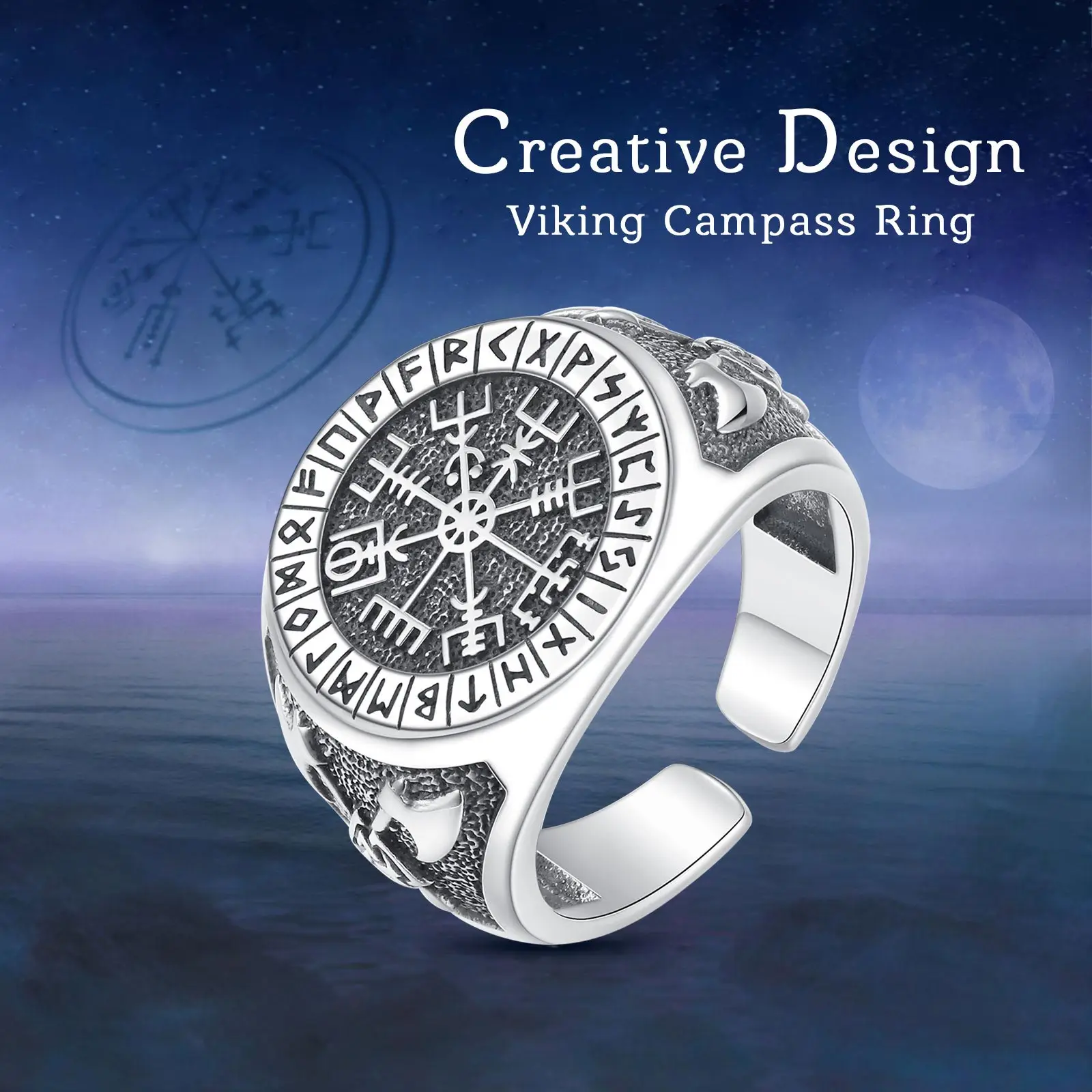 Eudora 925 Sterling Silver Viking Compass Ring Opening Adjustable Amulet Ring For Women Man Personality Punk Jewelry Gift 5
