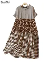 ZANZEA Women Plaid Long Dress 2024 Summer Holiday Pleating Stitching Shirt Dress Casual Loose Short Sleeve Robe Fashion Sundress - Image 5