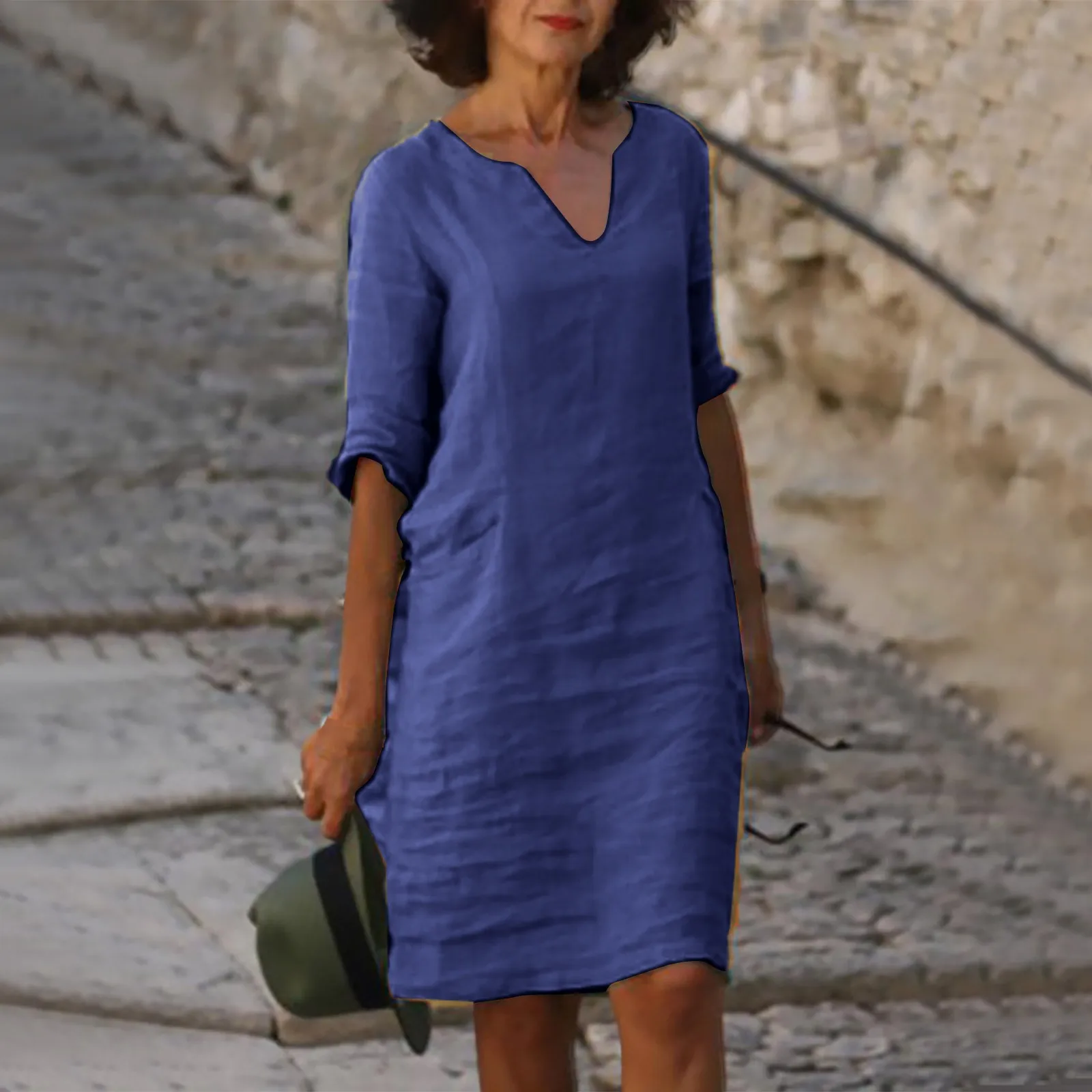 

Cotton And Linen Short Sleeve Dress Women 2024 Holiday Casual Women'S V Neck Mini Dress Solid Color Women'S Loose Dress Summer