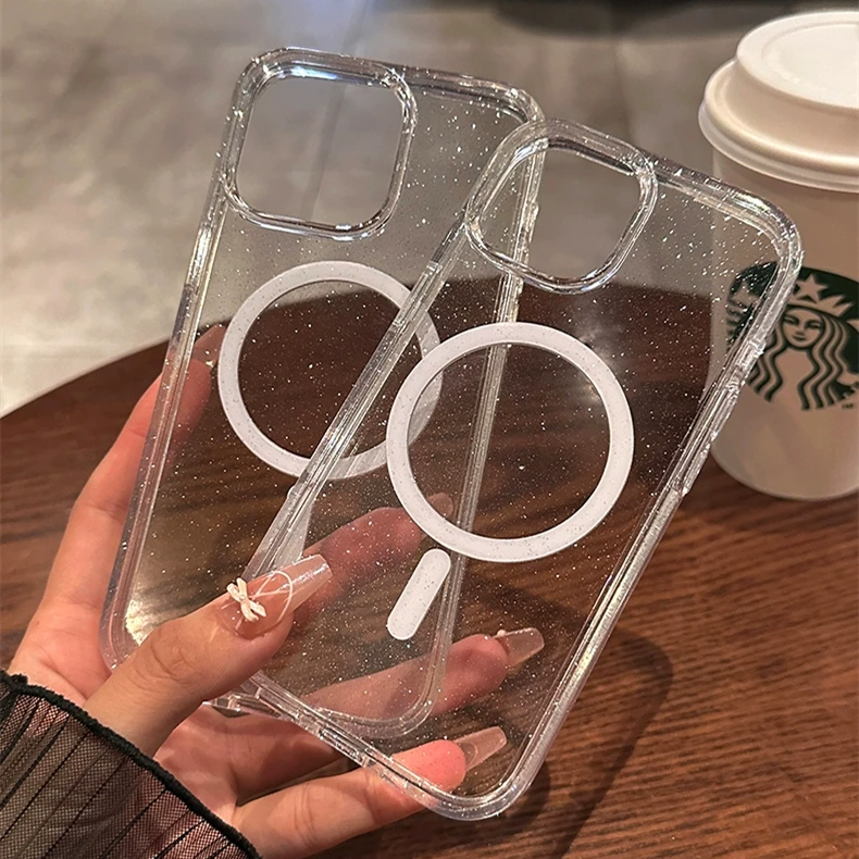 Luxury Bling Glitter Magnetic Wireless Charging Case - Clear Hard Acrylic Cover