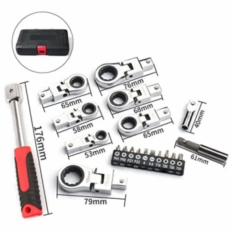 Interchangeable Variable Diameter Heads (8-19mm) Case 20PCS Flex Head Ratchet Wrench Set Metric Rotatable Combination Wrench
