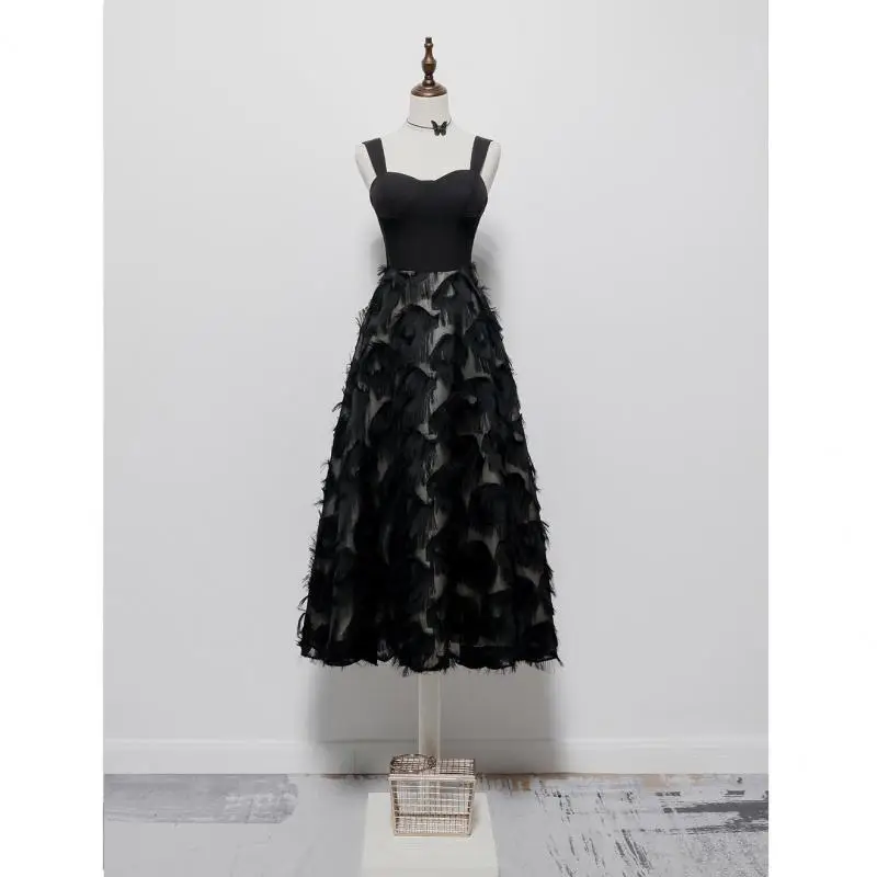 

2023 New Sexy Spaghetti Strap Evening Dress Black Simple Tea-length A-line Robes De Soiree Elegant Fashion Suknie Wieczorowe