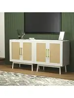 JOZZBY Rattan Sideboard Buffet Cabinet Set of 2 White Cabinet with Rattan Doors and Adjustable Shelves Accent Cabinet fo 1
