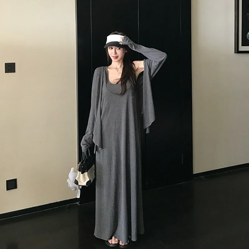 임산부 세트 한국 스타일 루즈핏 스트랩 드레스 긴팔 오픈 가디건 코트 가을 신상 투피스 세트