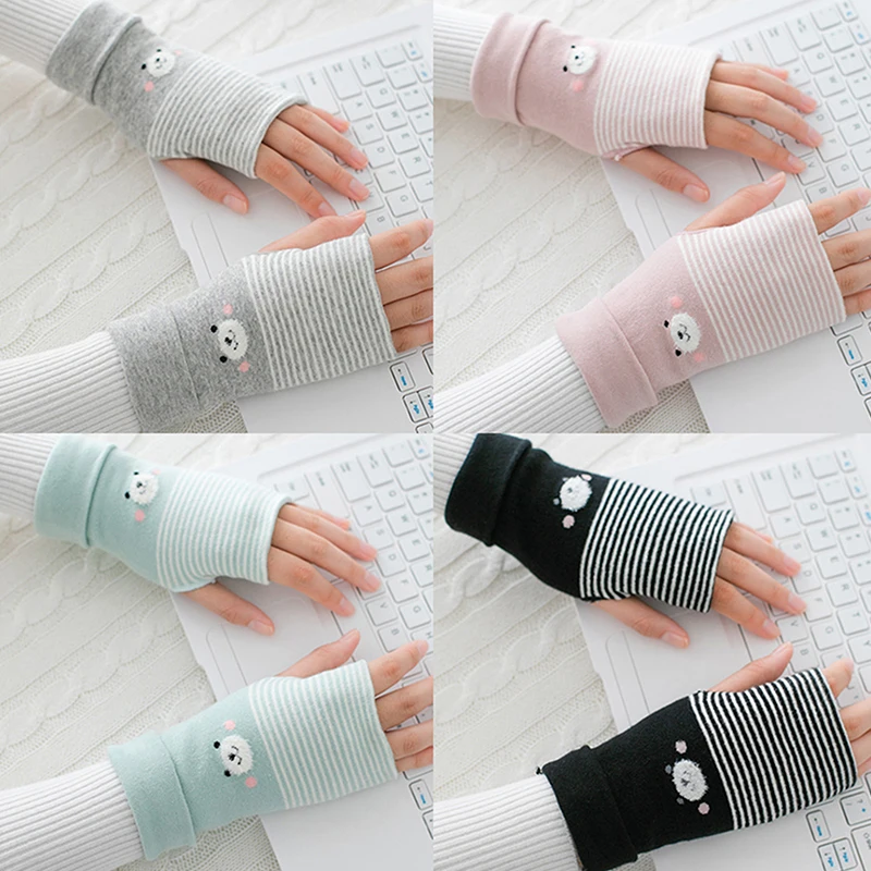 

1Pair Bear Pattern Half Finger Gloves Basic High Stretch Fingerless Warm Gloves Convenient Touchscreen Writing Female Gloves