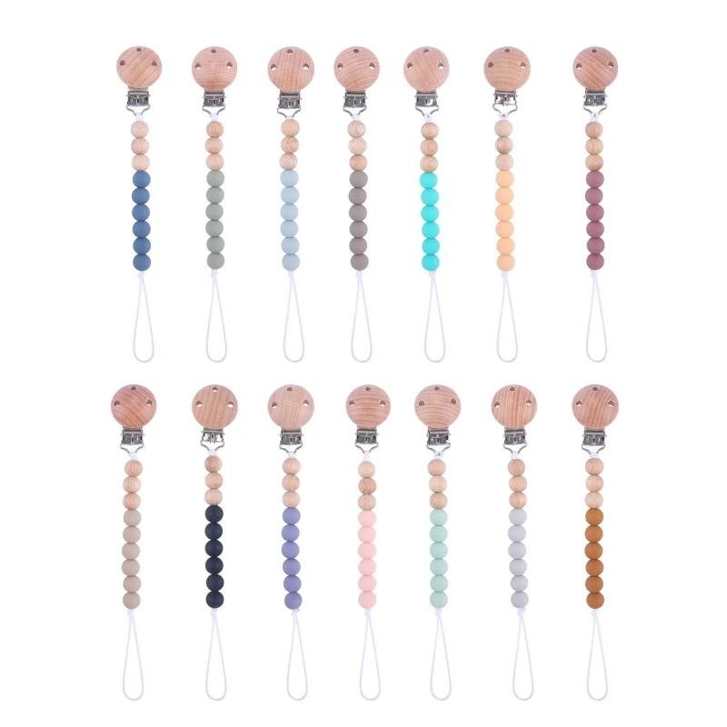 

Baby Pacifier Chain Clip Nursing Teether Soother Holder Silicone Beads Chain Wooden Clip DIY Nipple Holder Leash Strap