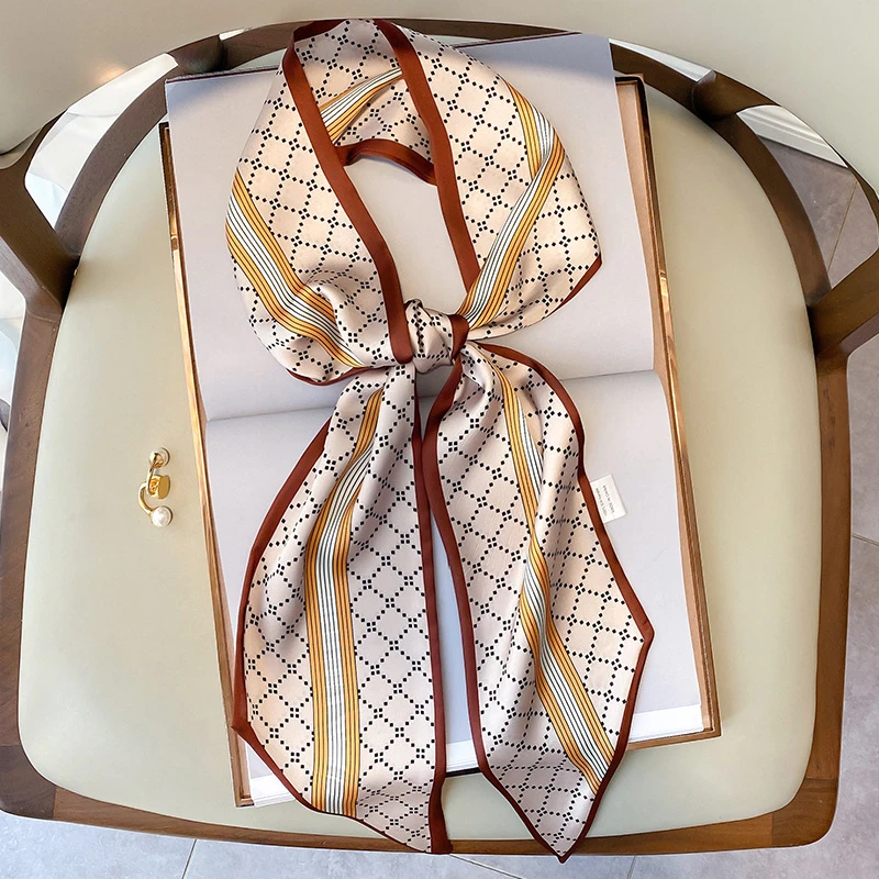 

Женские аксессуары шелковые шарфы для волос шейный платок Женская ручка сумка ленточный галстук элегантный цветочный длинный тонкий головной платок