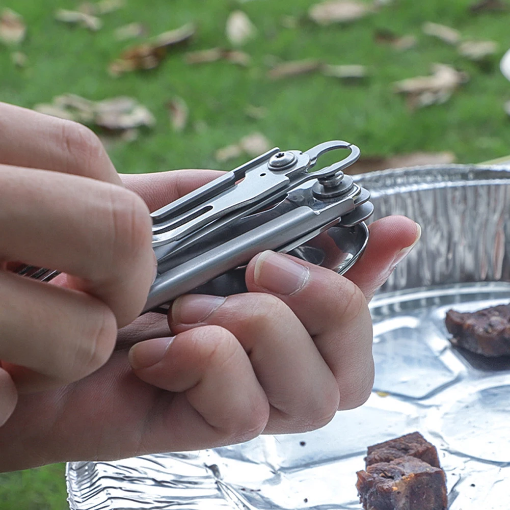 6 in 1 Multifunctional Camping Cutlery Foldable Portable Can Bottle Opener EDC Tool Smooth for Picnic Hiking for Travelling BBQ