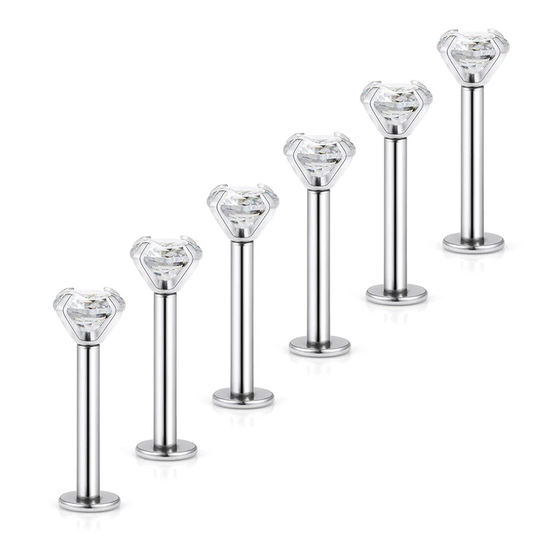 16G Stainless Steel Labret Lip Ring Piercing CZ Zircon Earring 6/8/10MM 6 Pcs/Lot