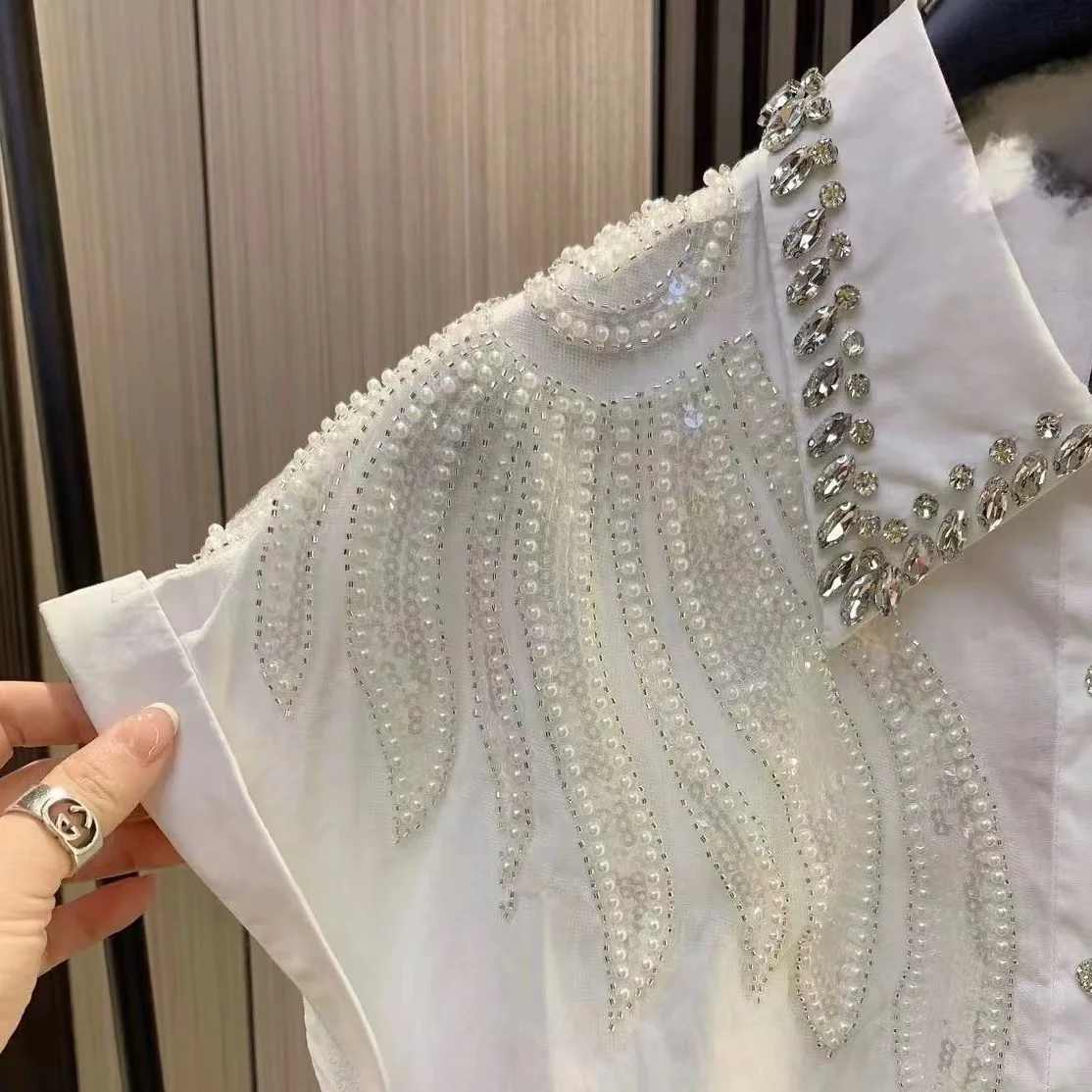 Luxury Sparking Rhinestone Beading Cotton Shirts Women's Summer 2024 Loose Blouses Shirts  New In Short Sleeve White Top Blusas