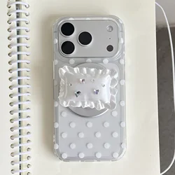 Polka Dot Double Layer Shockproof Magnetic Case with Pillow Holder - iPhone 15 (White)