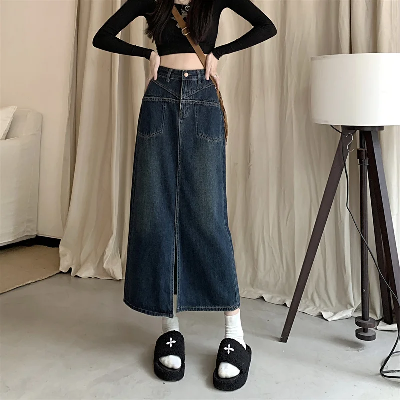 

2023 Fashion Retro Long Spring Denim Skirts Girls High Waist Button Pockets Split Jeans Straight Maxi Denim Skirts