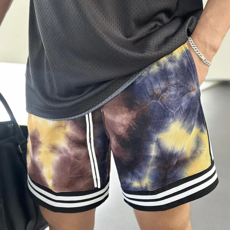 Men Running Shorts Tie-Dye Style Colourful Hawaiian Print Beach Pants with Pockets Casual Sports Shorts Training Clothing