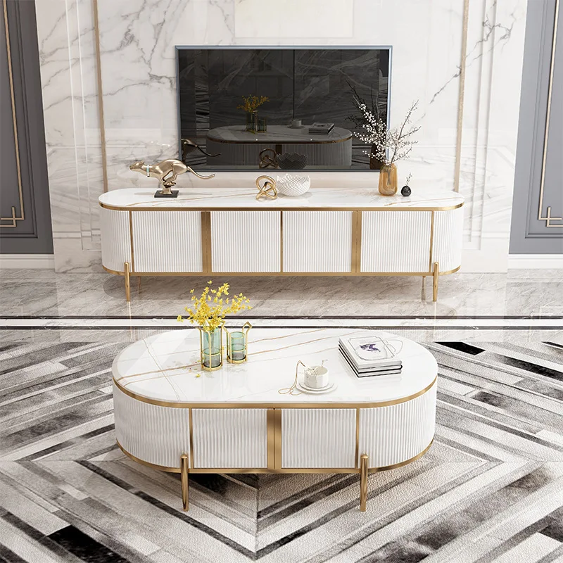 Elegant Living Room Golden Modern Design Furniture Tv Stand and Coffee Table With Marble Top Stainless Steel Leg