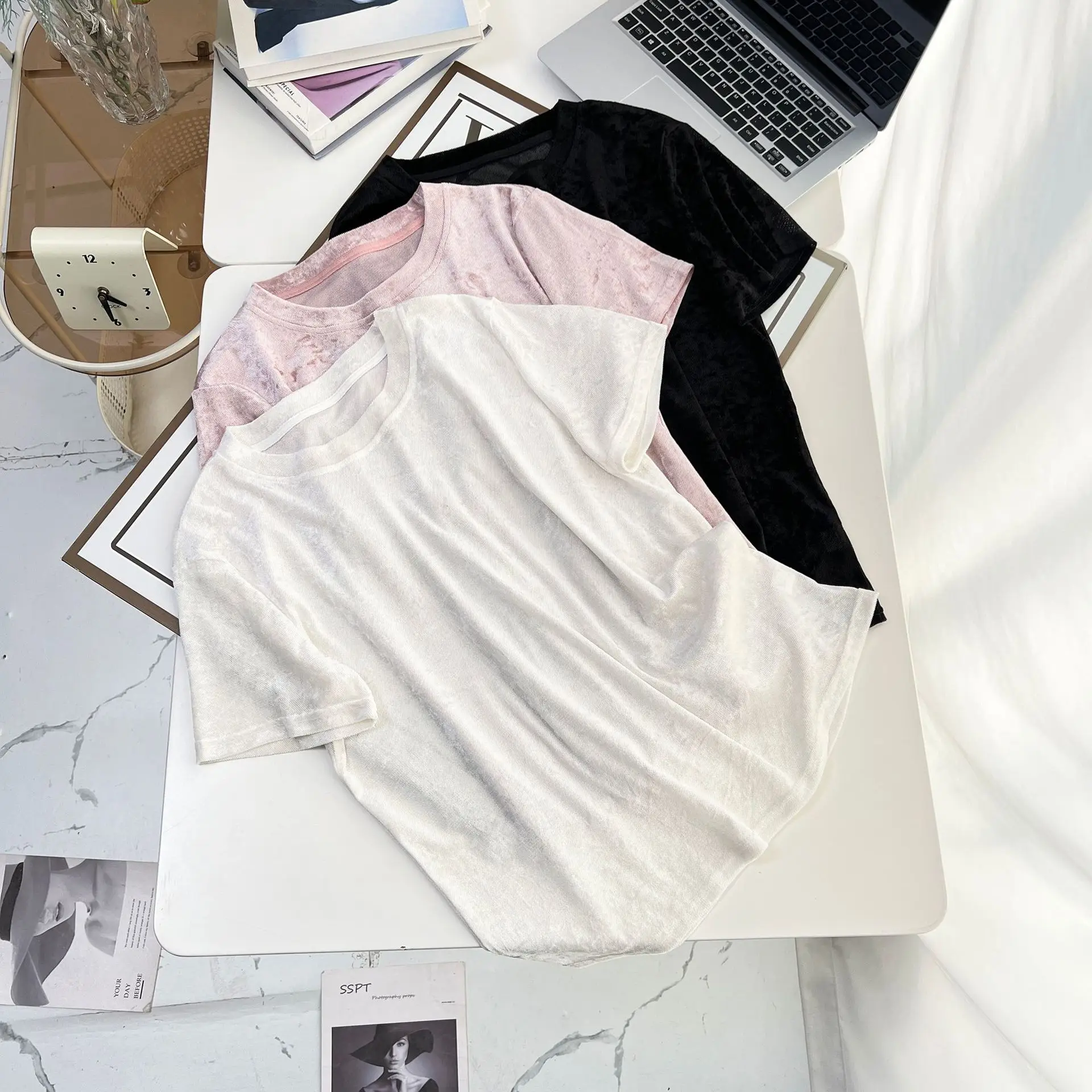 100kg Summer New Tees Fashion Velour Short Sleeve Plus Size Women's T-Shirt Temperament Thin Base Top 625