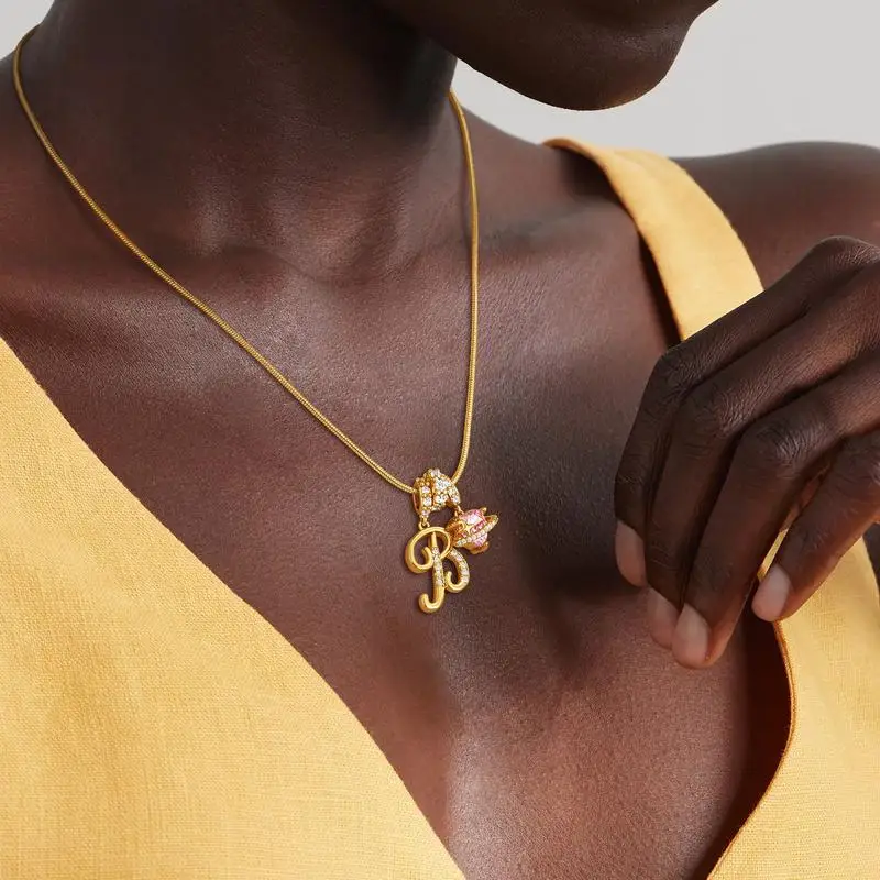 22K Gold Plated Stainless Steel Snake Chain Initial Alphabet CZ Pink Heart Pendant Necklace for Girl Women Personalized Jewelry 1