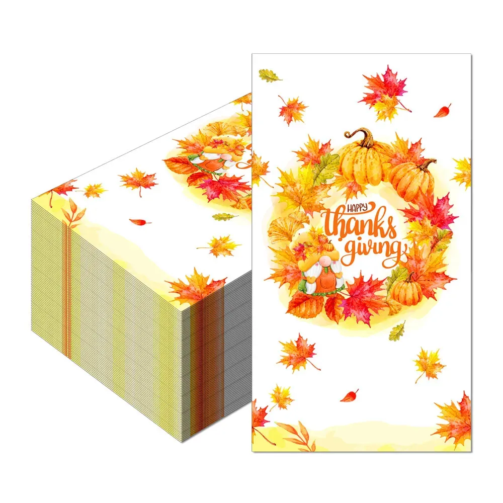 100PCS Happy Thanksgiving Paper Napkins Long 33x40cm Disposable Pumpkin Maple Leaves Serving Paper Towels Thanksgiving Tableware