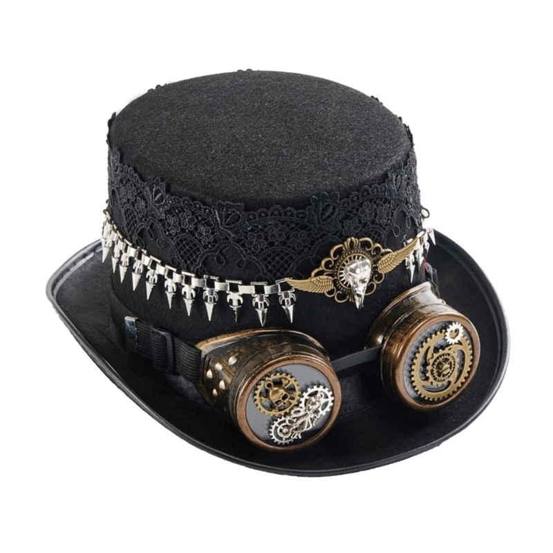

Handmade Top Hat with Gear Goggles Rivets for Male Female Shows Stage