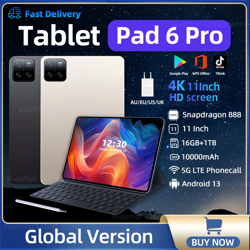 2024 오리지널 글로벌 버전 태블릿 PC 패드 6 프로, 스냅드래곤 888, 안드로이드 13, 10000mAh, 16GB + 1TB, 5G 듀얼 SIM 카드, 와이파이 HD 4K MiTab 
