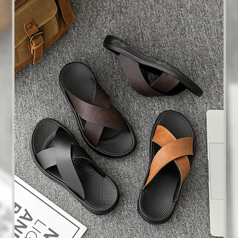 Mens Leather Slippers Comfortable Breathable Summer Big Size Sandals for Men with Soft Sole 2026 New