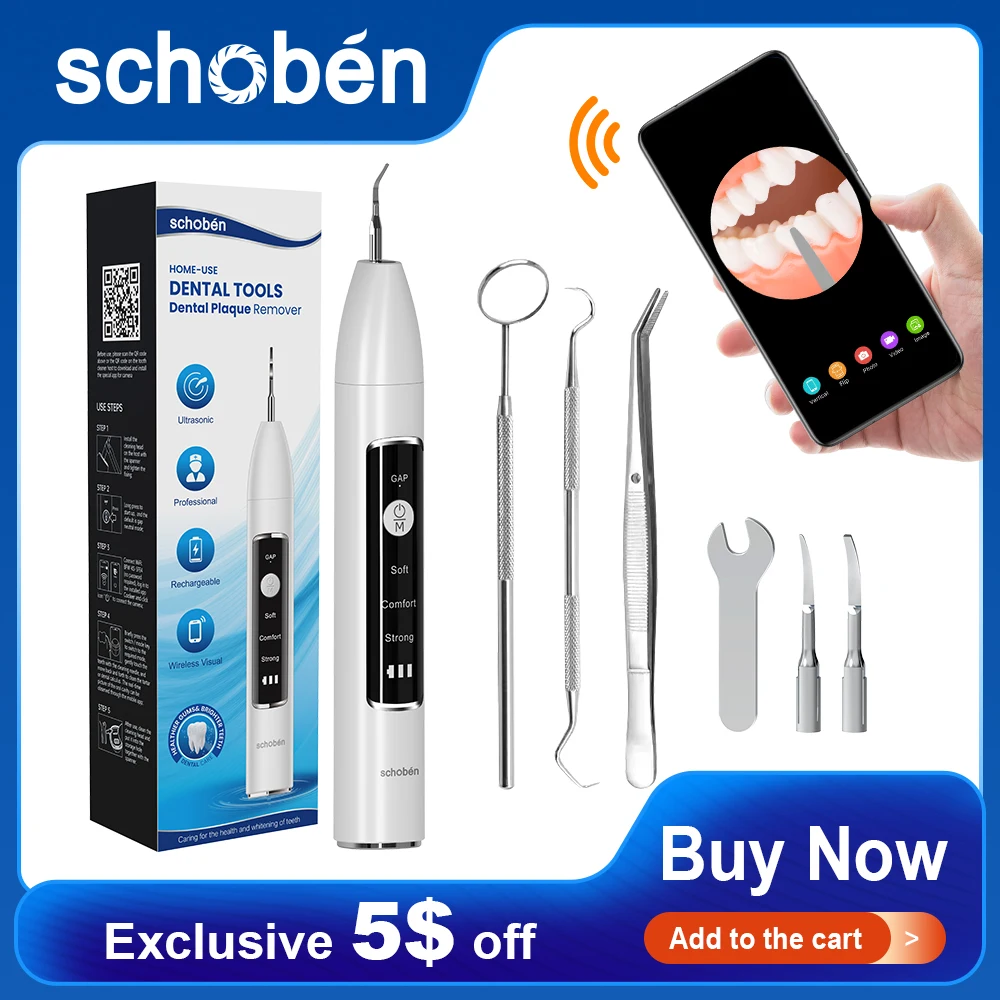 Schoben Ultrasonic Tooth Cleaner With Camera Visual Electric Dental Scaler Calculus Remover Irrigator Teeth Tartar Eliminator wireless 3 in1 visual intraoral camera with 6 led lights oral teeth examination wifi endoscope dentist tool set for ios phone