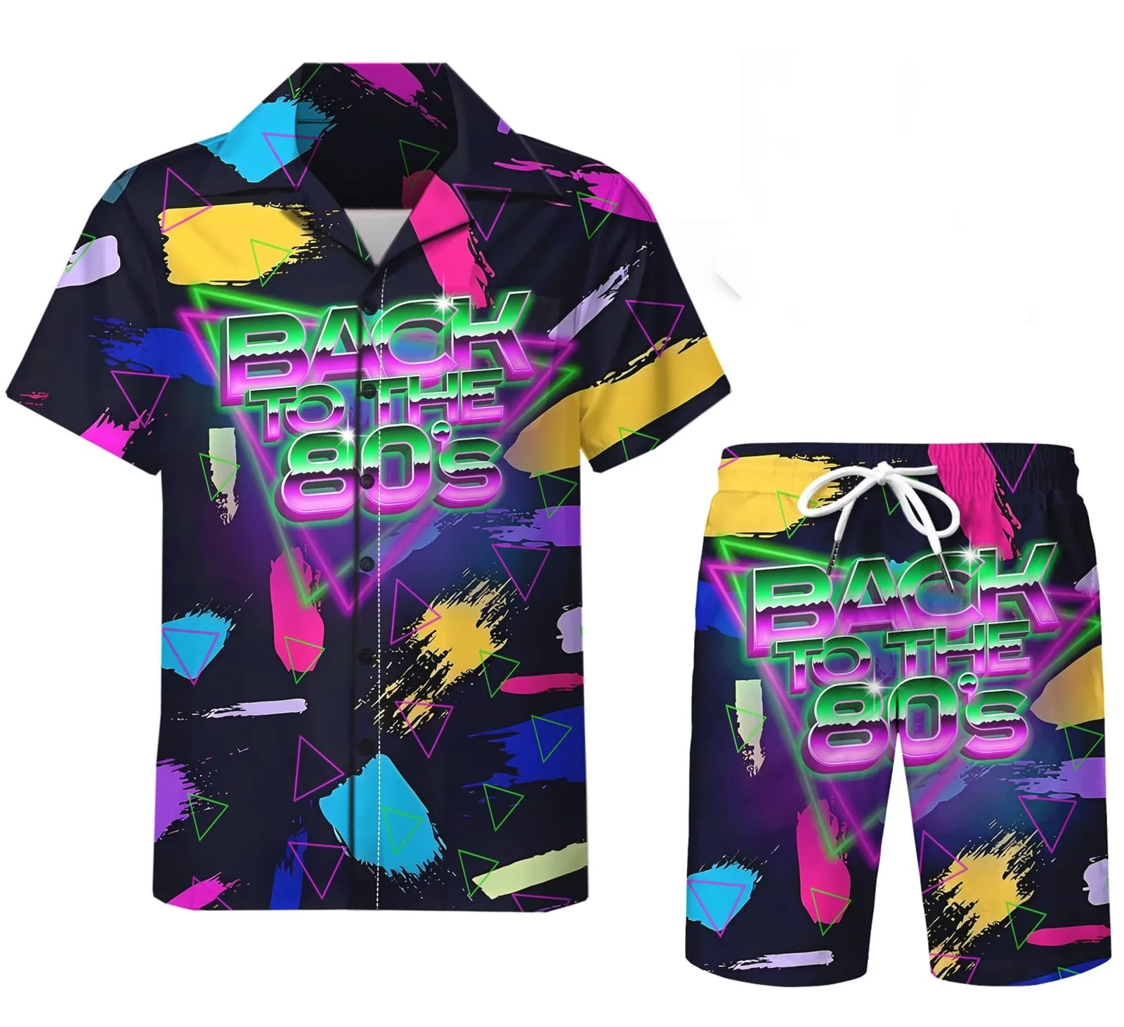 thumbnail image 1 of Conjunto de 2 piezas para hombre, estilo retro de los años 80 y 90, con estampado de setas mágicas psicodélicas, camisa 3D informal, pantalones cortos de playa de gran tamaño, estilo hawaiano para vac, 1 of 4