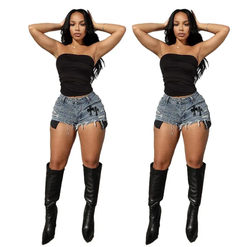 Women Rivet Tassel Denim Shorts Spring Summer 2024 Fashion Button Zipper Casual All Match Y2k Short Bottoms Hipster Streetwear