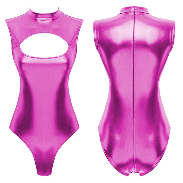Women Sexy One Piece Swimsuit Fashion Metallic Cutout Bodysuit Sleeveless Leotard Female Pool Party Beachwear Night Clubwear