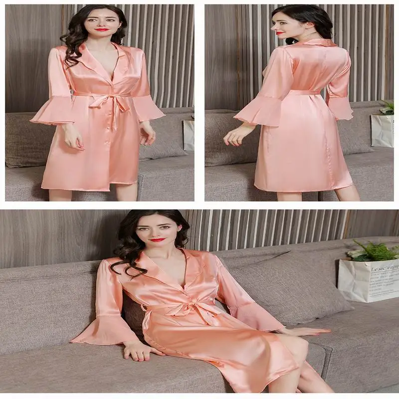 NEW Summer 22mm 100%Silk Pajamas Robe Nightgown Women Silk Homewear Sleepwear Pink High Quality Clothing