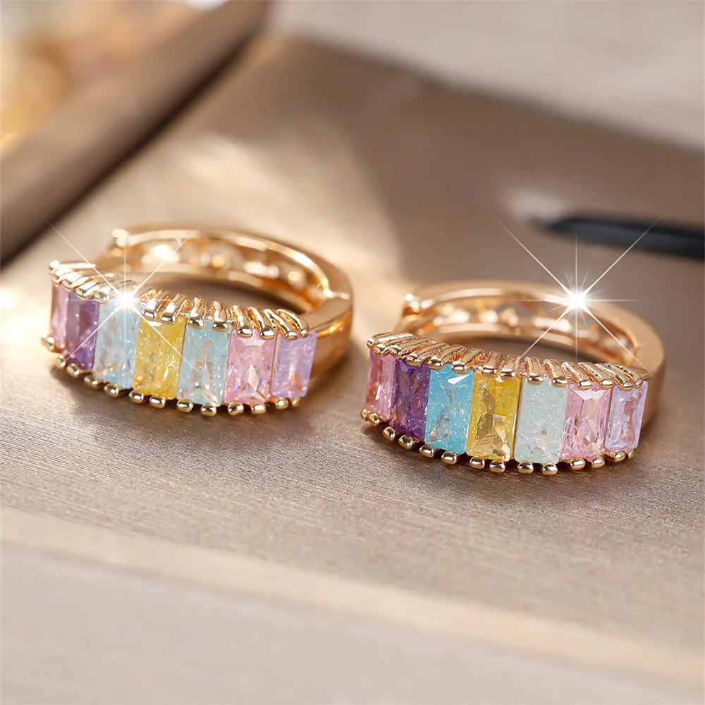 Multicolor Ice Flower Zircon Square Stone Hoop Earrings For Women Vintage Gold Color Ear Buckle Wedding Jewelry Versatile Gifts