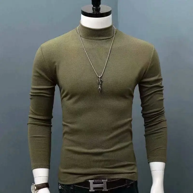 Fashion Men's Casual Slim Fit Basic Turtleneck High Collar Pullover Male Autumn Spring Thin Tops Basic Bottoming Plain T-shirt