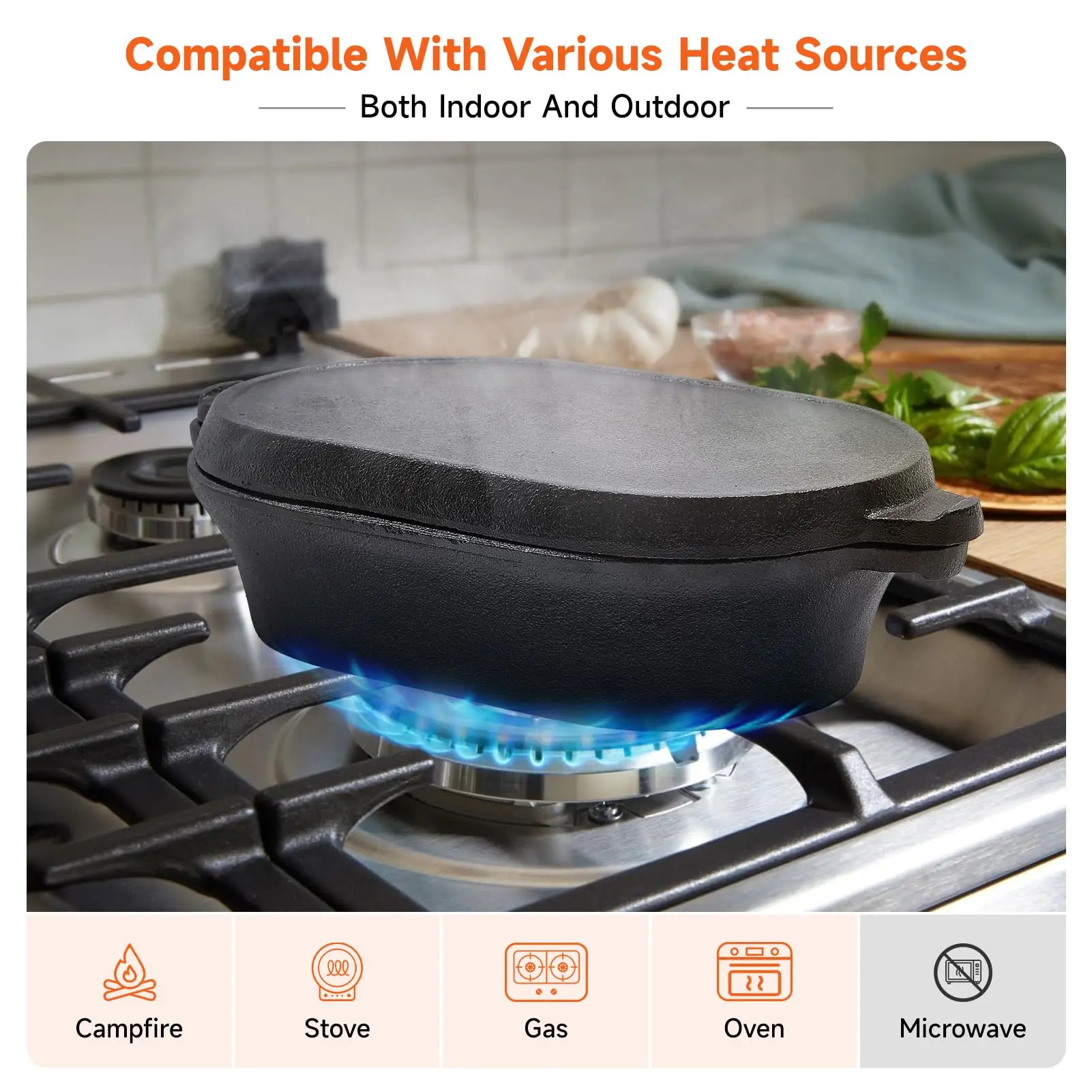 Cast Iron Dutch Oven 23cm 2 in 1 Pre-Seasoned Cast Iron Pot with Skillet Lid 4