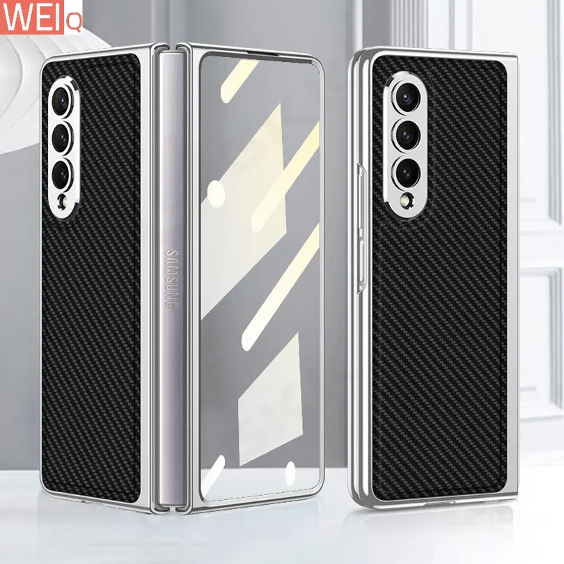 

Кожаный жесткий чехол с покрытием и пленкой для экрана для Samsung Galaxy Z Fold 4 3 5G, чехол с гальваническим покрытием для Galaxy Z Fold4 3