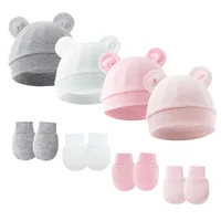 2pcs Baby Pullover Hat Mickey Ears Baby Hat Newborn Tire Cap Anti-scratch Gloves 3