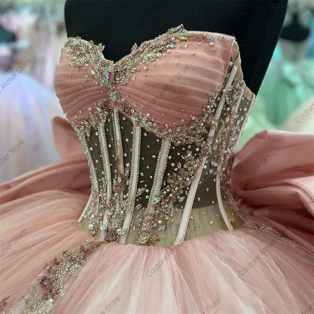 Exquisite Pink Sweet 16 Quinceanera Dresses Rhinestones Corset Applique Ball Gown With Bow vestidos xv a&ntilde;os nuevos Customized