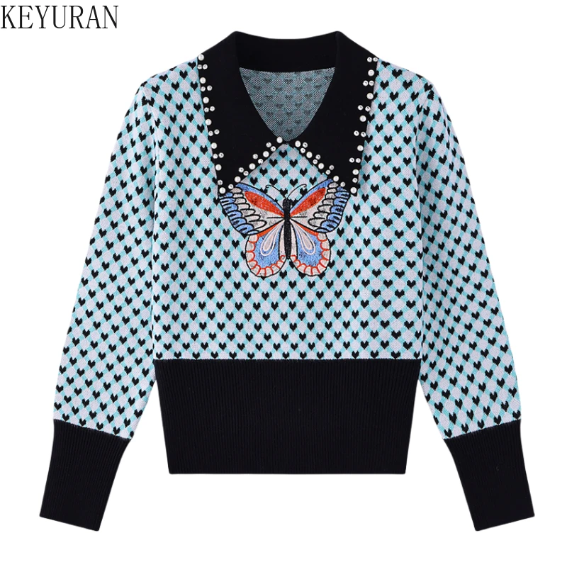

Peals Diamonds Beading Butterfly Embroidery Sweater Pullover Women 2024 New Spring Autumn Korean Long Sleeve Knitted Tops Jumper