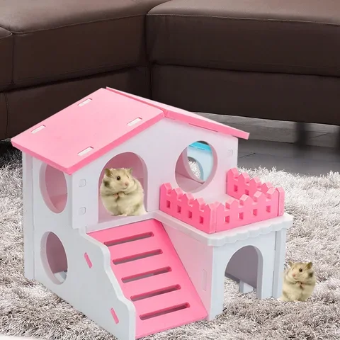 

Pet Hamster House with Ladder Rabbit Nest Log Cabin Animal Sleeping Toys Golden Bear Little House Fenced Villa Ecological Board