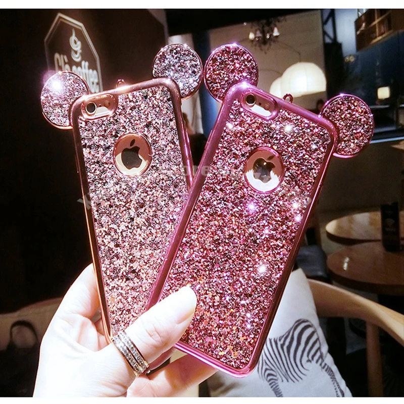 100 Pz Per Iphone X Xs Max Xr 6 6 S 7 8 Plus Cartoon Mouse Ears Case Per Samsung Galaxy S6 S7 Edge S8 S9 Plus Bling Glitter Cover