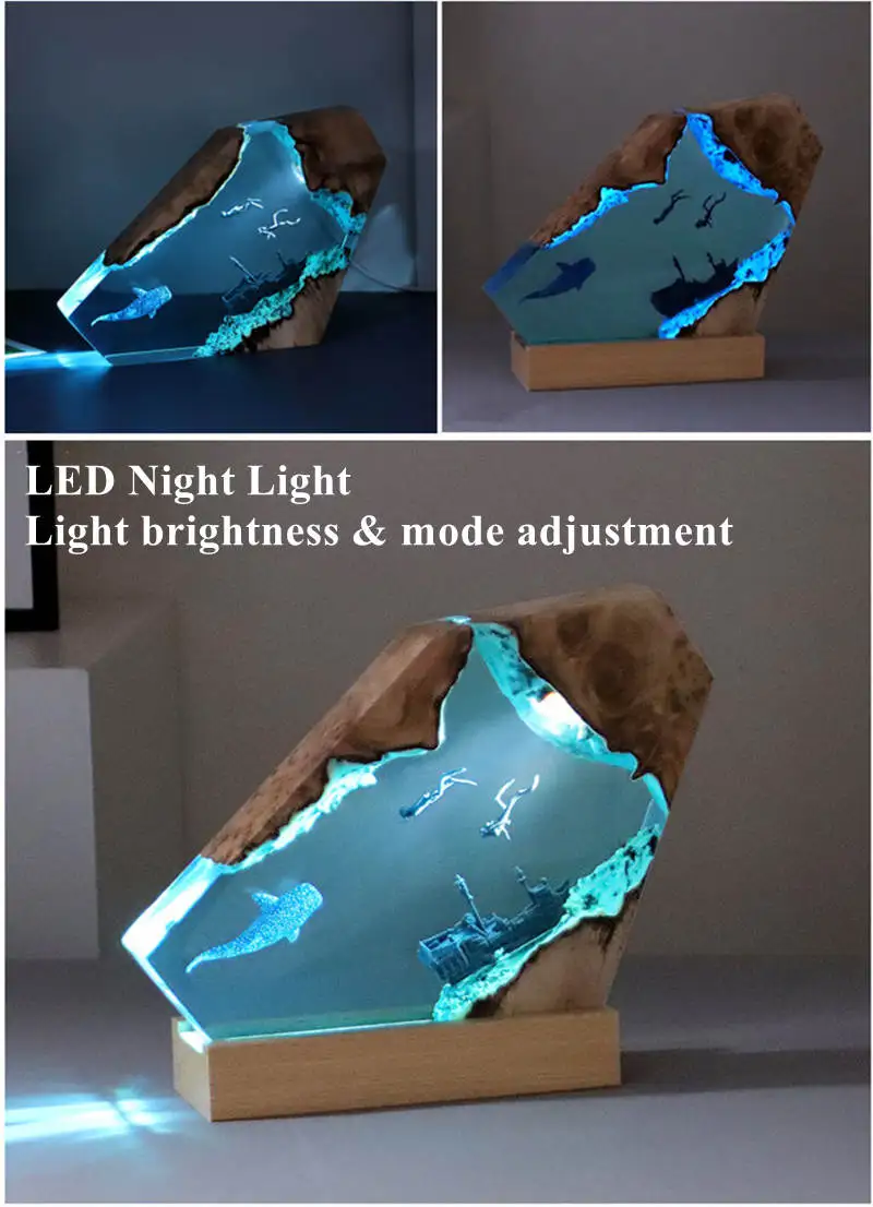 Seabed Organism Epoxy Resin Art Table Ornament Unique Deep Sea Exploration Diving Night Light Desktop Home Decor Birthday Gift