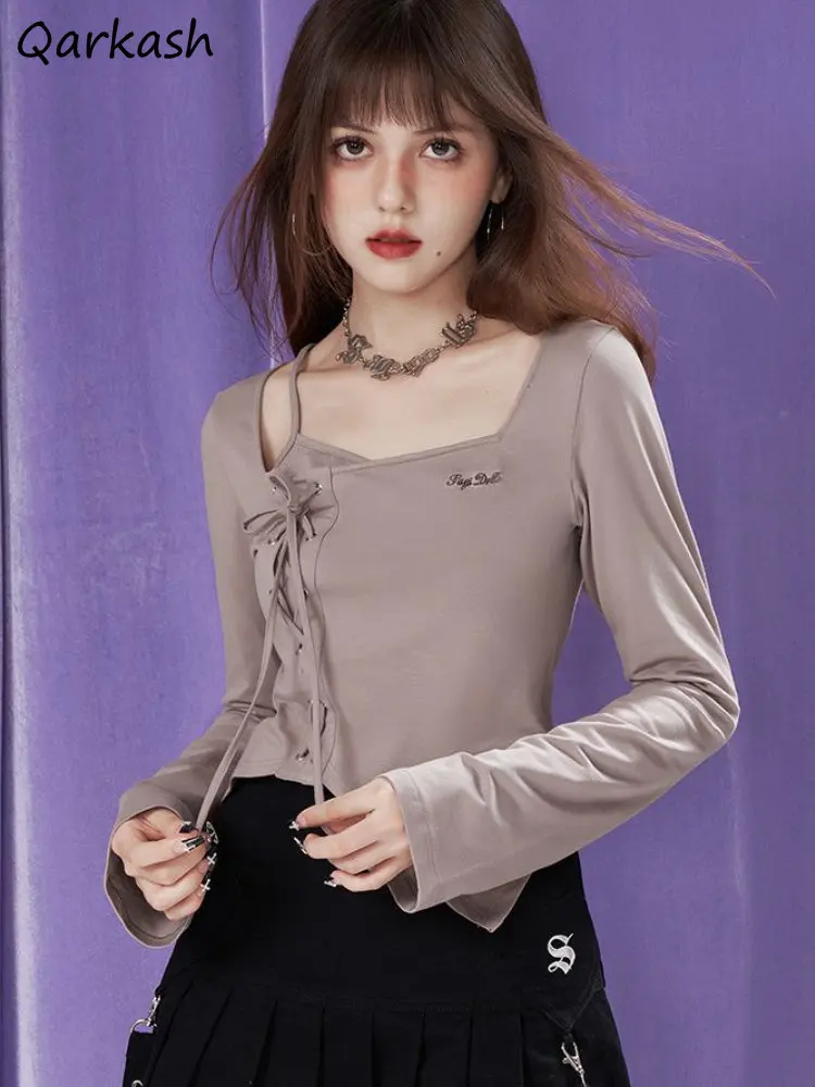 

Женская футболка цвета хаки, с длинным рукавом, на шнуровке