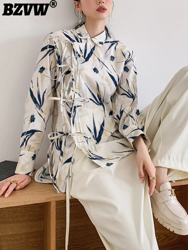 

BZVW Designer Print Long Sleeve Shirts For Women Bandage Fashion Temperament Casual Blouse Female 2023 Summer New Trend 25X0402