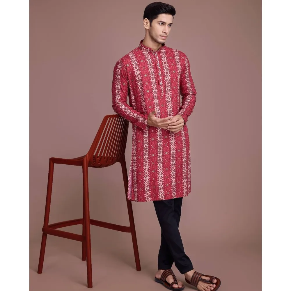 Luxury Islamic Arabic Abaya Robe National Style Ethnic Print Stand Collar Youth Mid-length Ropa Arabe Hombre Kurta For Men - Image 6