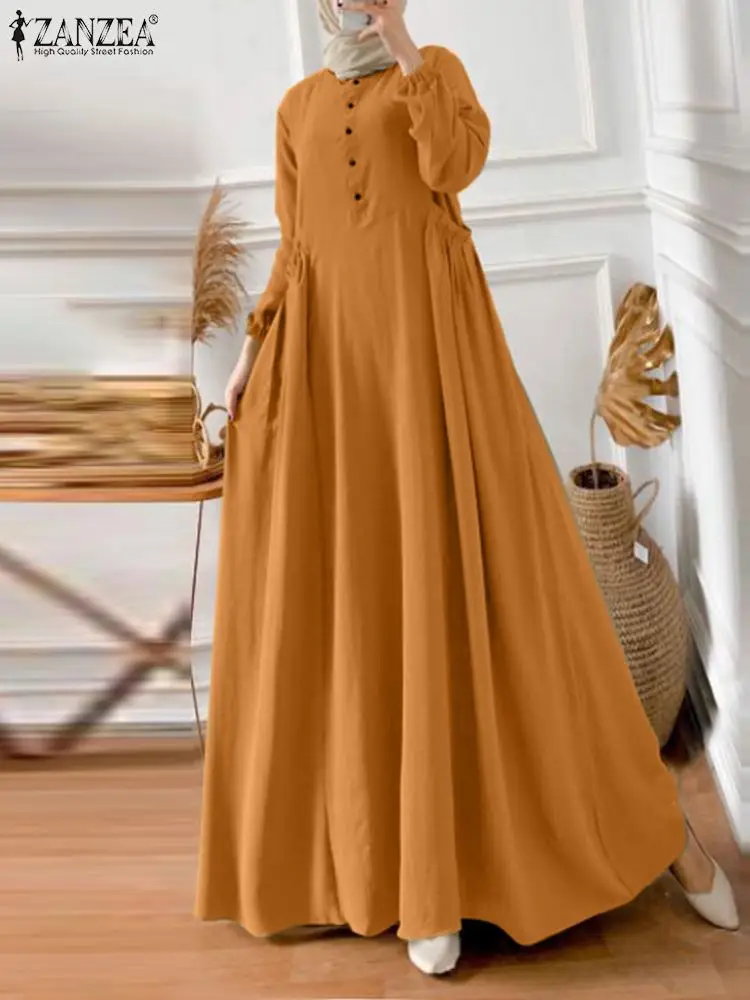 

ZANZEA Fashion Long Sleeve Muslim Sundress Spring O-Neck Vintage Dress Solid Color Holiday Maxi Robe Dubai Turkey Abaya Vestidos
