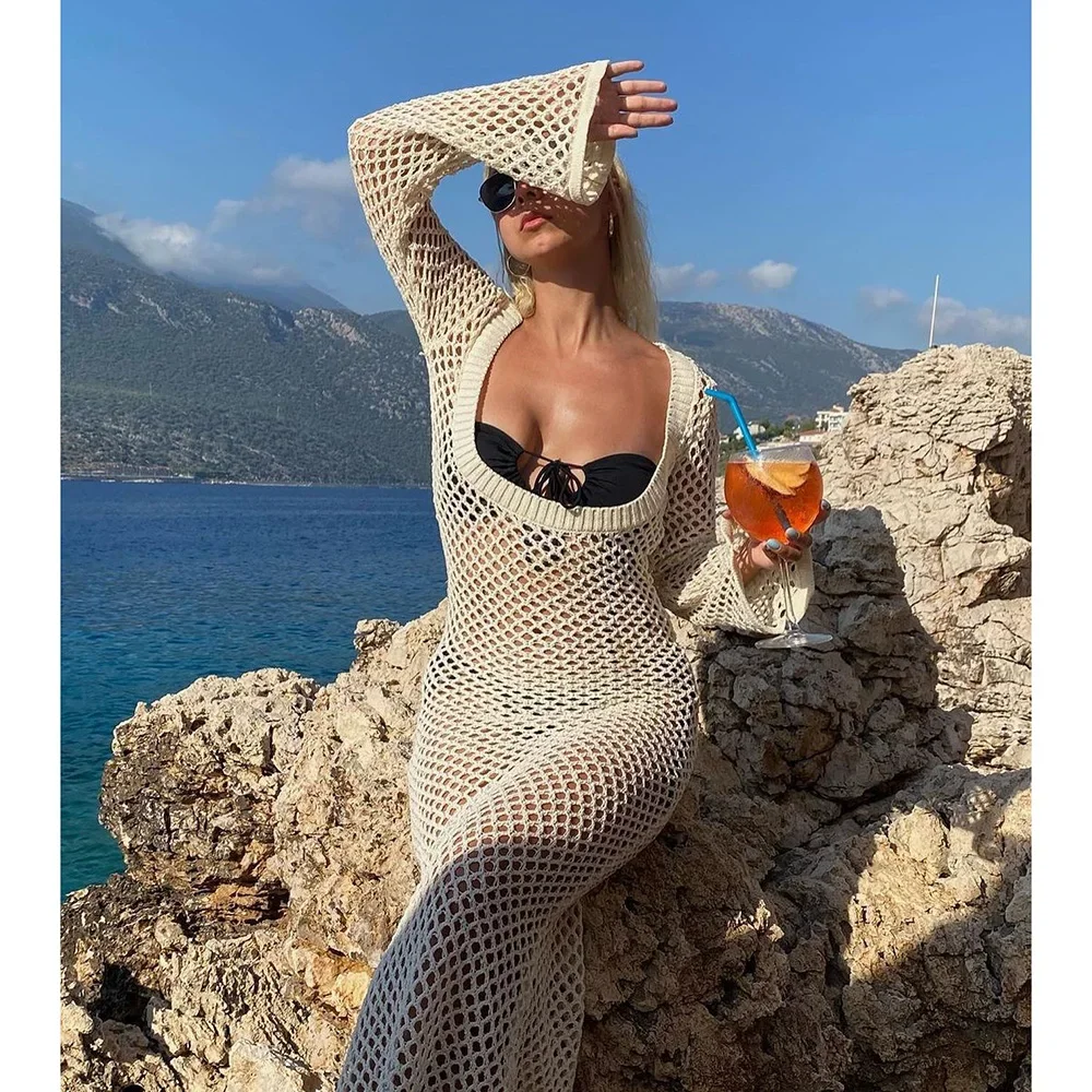 2024 Bikinis Cover-ups Knitted Sexy See Through Beach Cover Up Long Sleeve Maxi Bodycon Summer Dress Elegant Hollow Out Beacwear