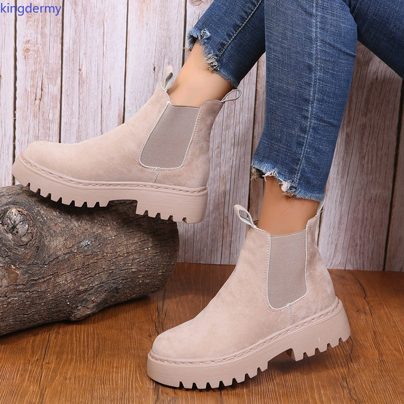 Chelsea de ante de imitación Mujer, botines con plataforma, Retro, caqui, tacón Botas cortas, otoño| | AliExpress